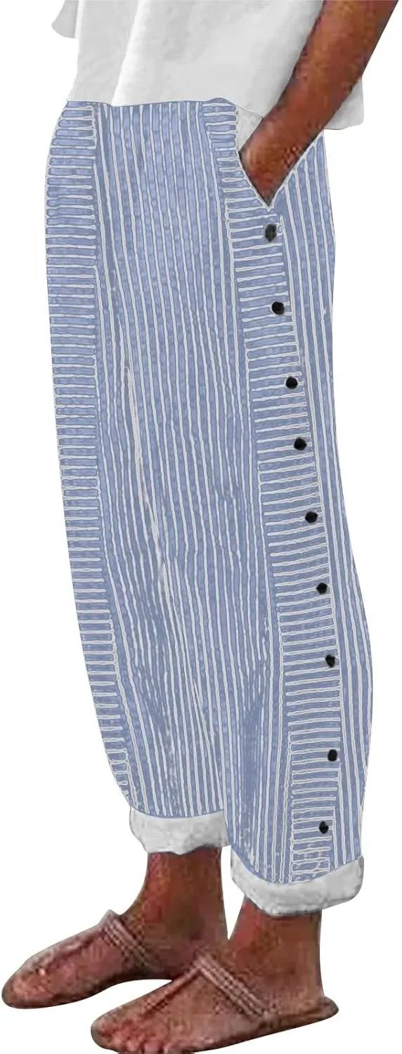 Baggy Harem Elastic Waist Palazzo Waist Side Back Four Pockets 9/10 Pants Drawstring Loose Fit Summer Pants Trousers