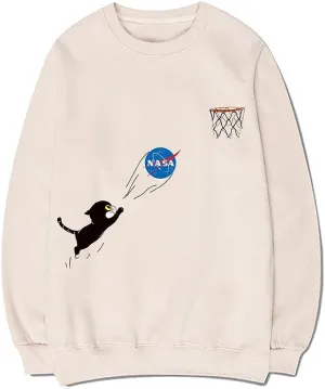 CORIRESHA Fall Cute Cat Crewneck Long Sleeves Casual Cozy NASA Sweatshirt