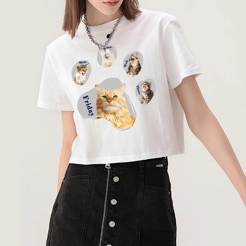 CORIRESHA Women's Cute Cat Dog Paws Crew Neck Short Sleeve Crop T-Shirt