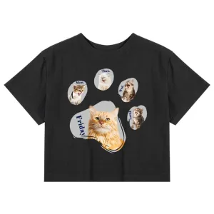 CORIRESHA Women's Cute Cat Dog Paws Crew Neck Short Sleeve Crop T-Shirt