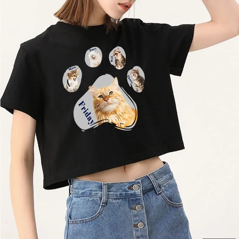 CORIRESHA Women's Cute Cat Dog Paws Crew Neck Short Sleeve Crop T-Shirt