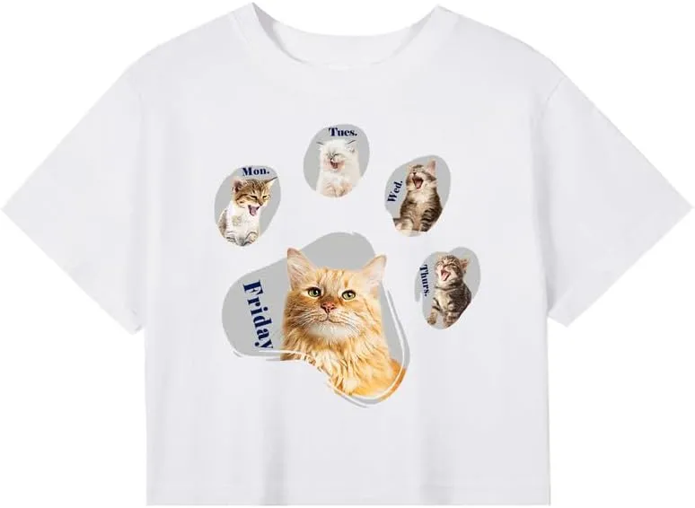 CORIRESHA Women's Cute Cat Dog Paws Crew Neck Short Sleeve Crop T-Shirt