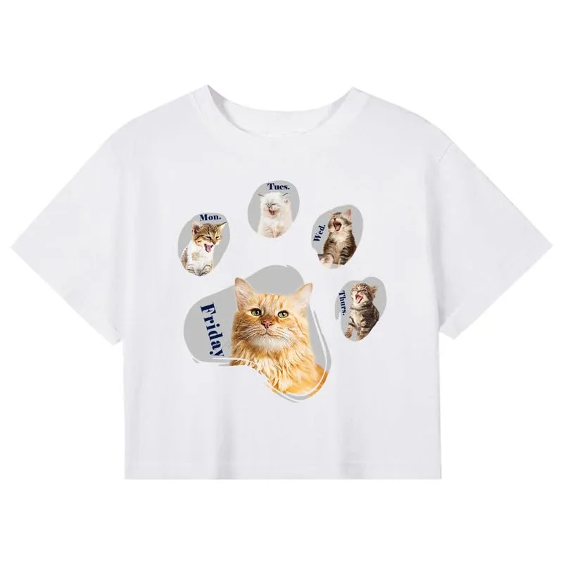 CORIRESHA Women's Cute Cat Dog Paws Crew Neck Short Sleeve Crop T-Shirt