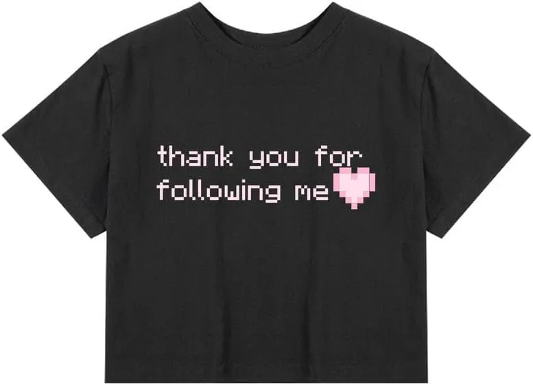 CORIRESHA Women's Cute Heart Print Crewneck Short Sleeve Crop Letters T-Shirt