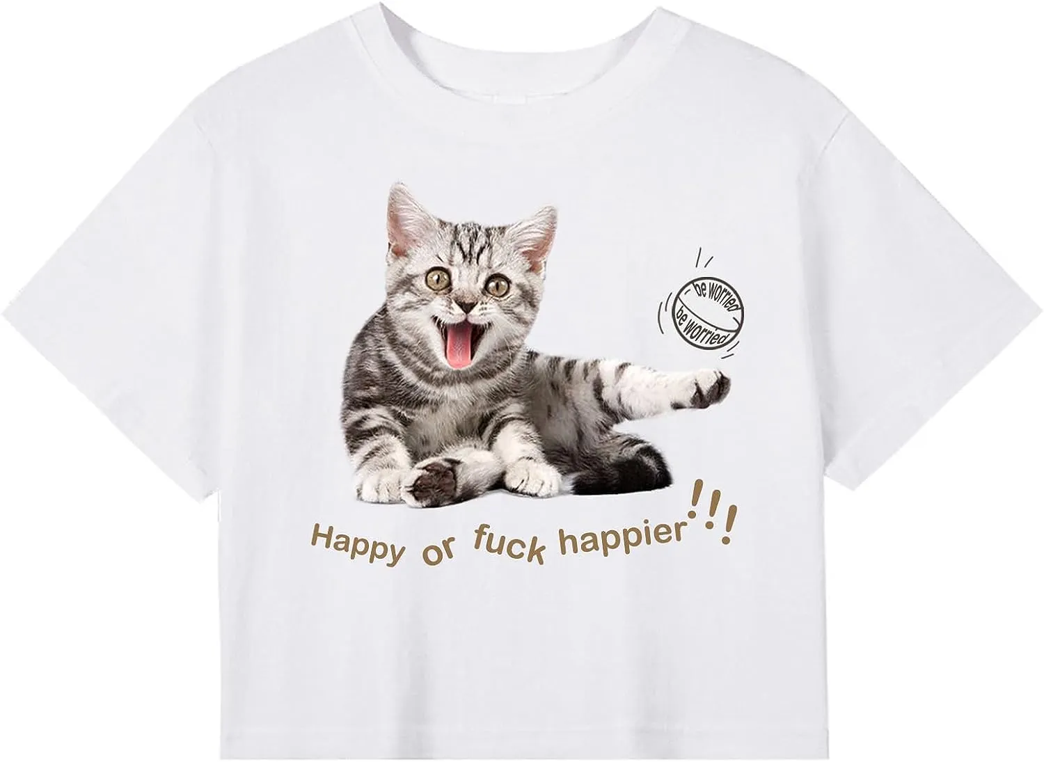 CORIRESHA Women's Fashion Happy Cat Crewneck Short Sleeve Cute Crop T-Shirt