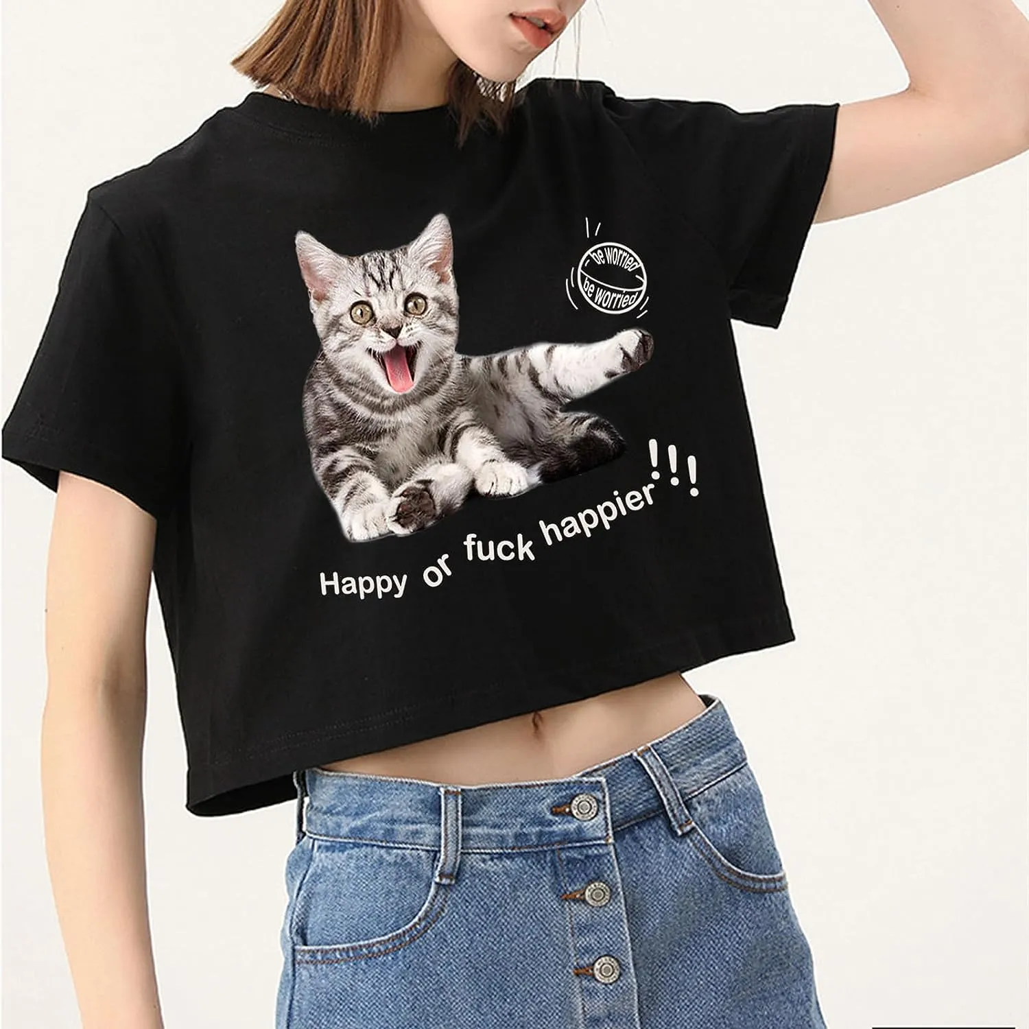 CORIRESHA Women's Fashion Happy Cat Crewneck Short Sleeve Cute Crop T-Shirt