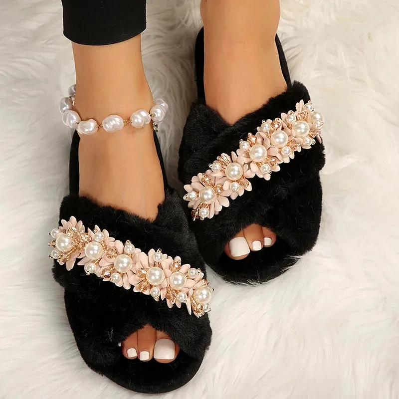 Cross Strap Pearl Slippers for Women
