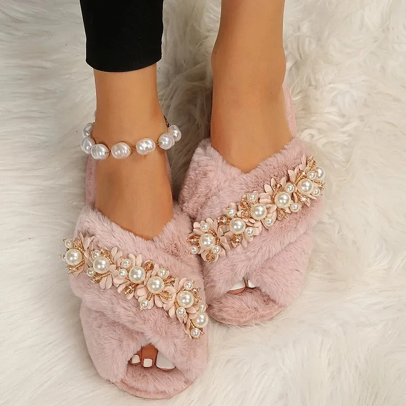 Cross Strap Pearl Slippers for Women