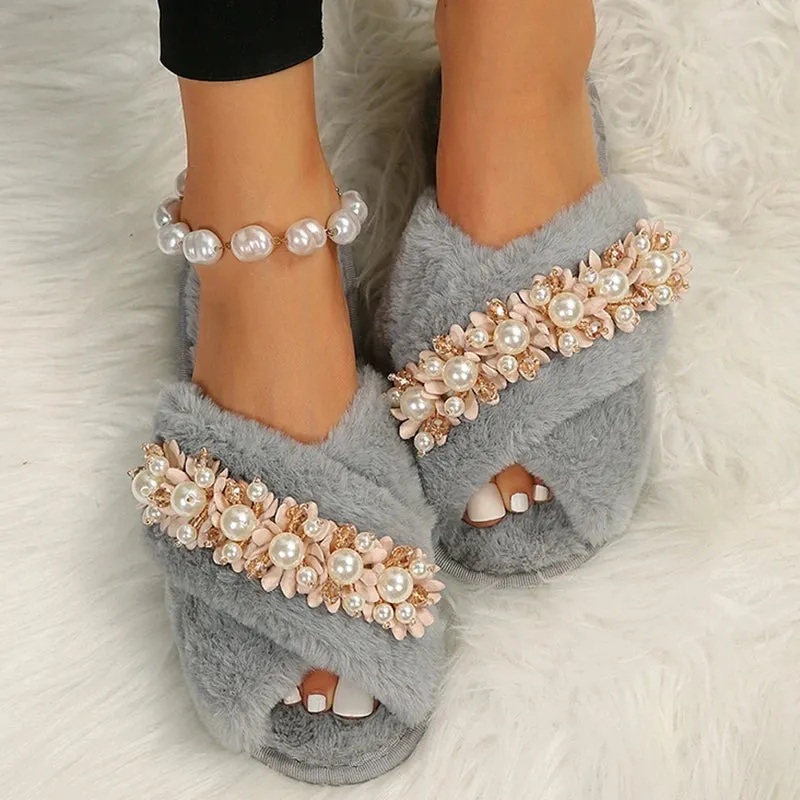 Cross Strap Pearl Slippers for Women