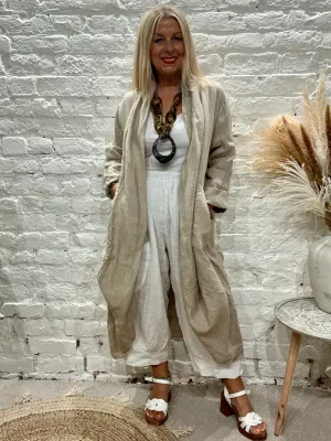 Eden E21 100% Linen Round Scoop Bottom Long Jacket with Bucket Pockets
