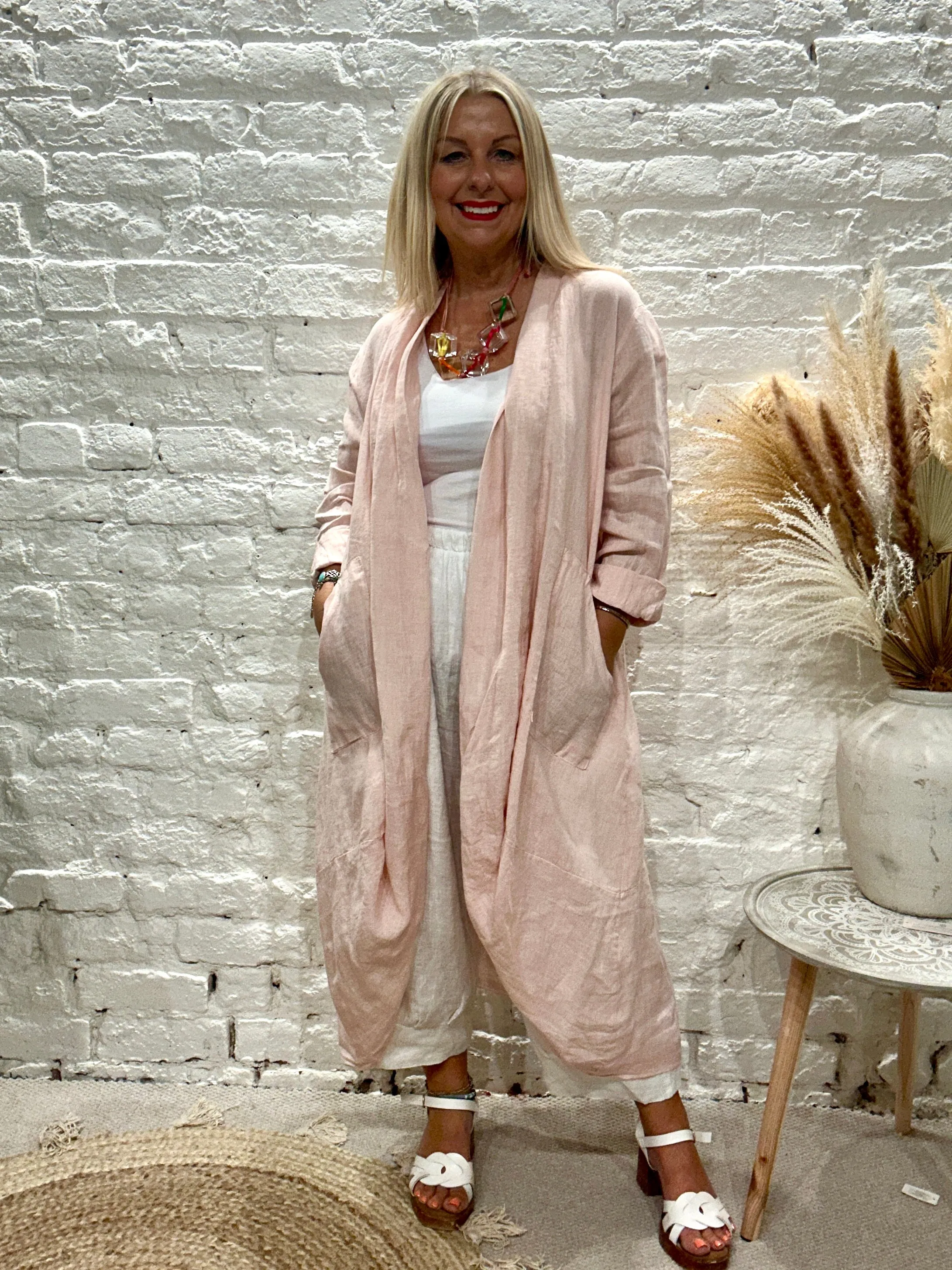 Eden E21 100% Linen Round Scoop Bottom Long Jacket with Bucket Pockets