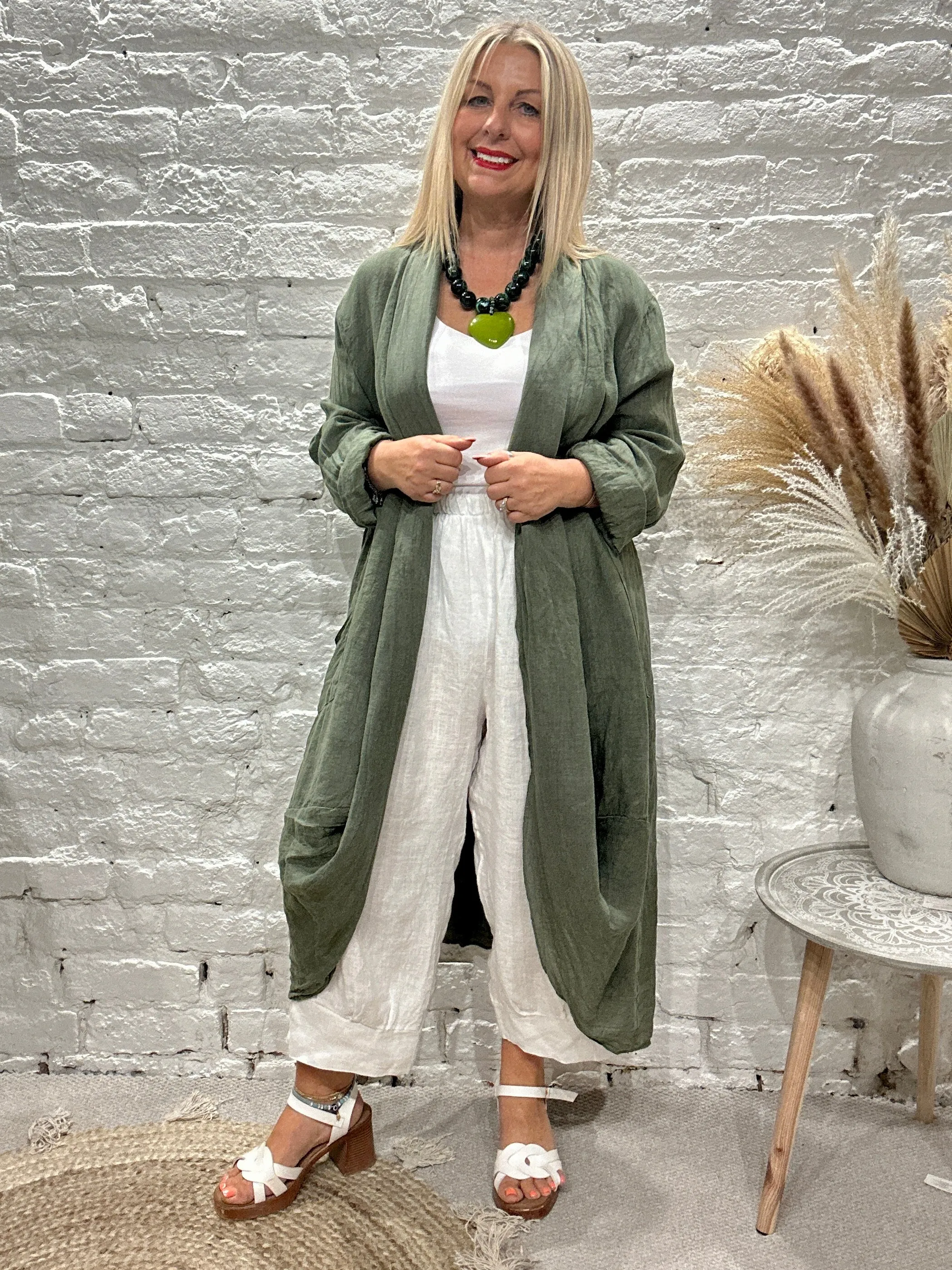Eden E21 100% Linen Round Scoop Bottom Long Jacket with Bucket Pockets