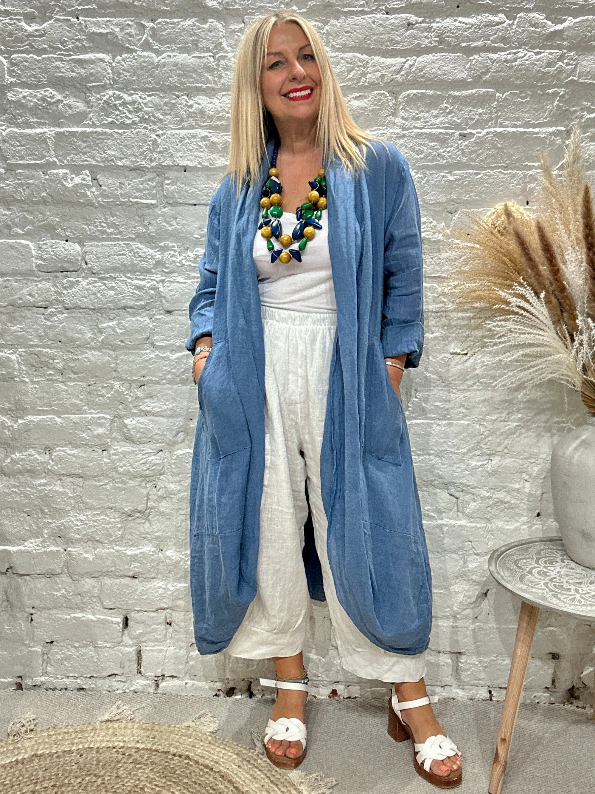 Eden E21 100% Linen Round Scoop Bottom Long Jacket with Bucket Pockets