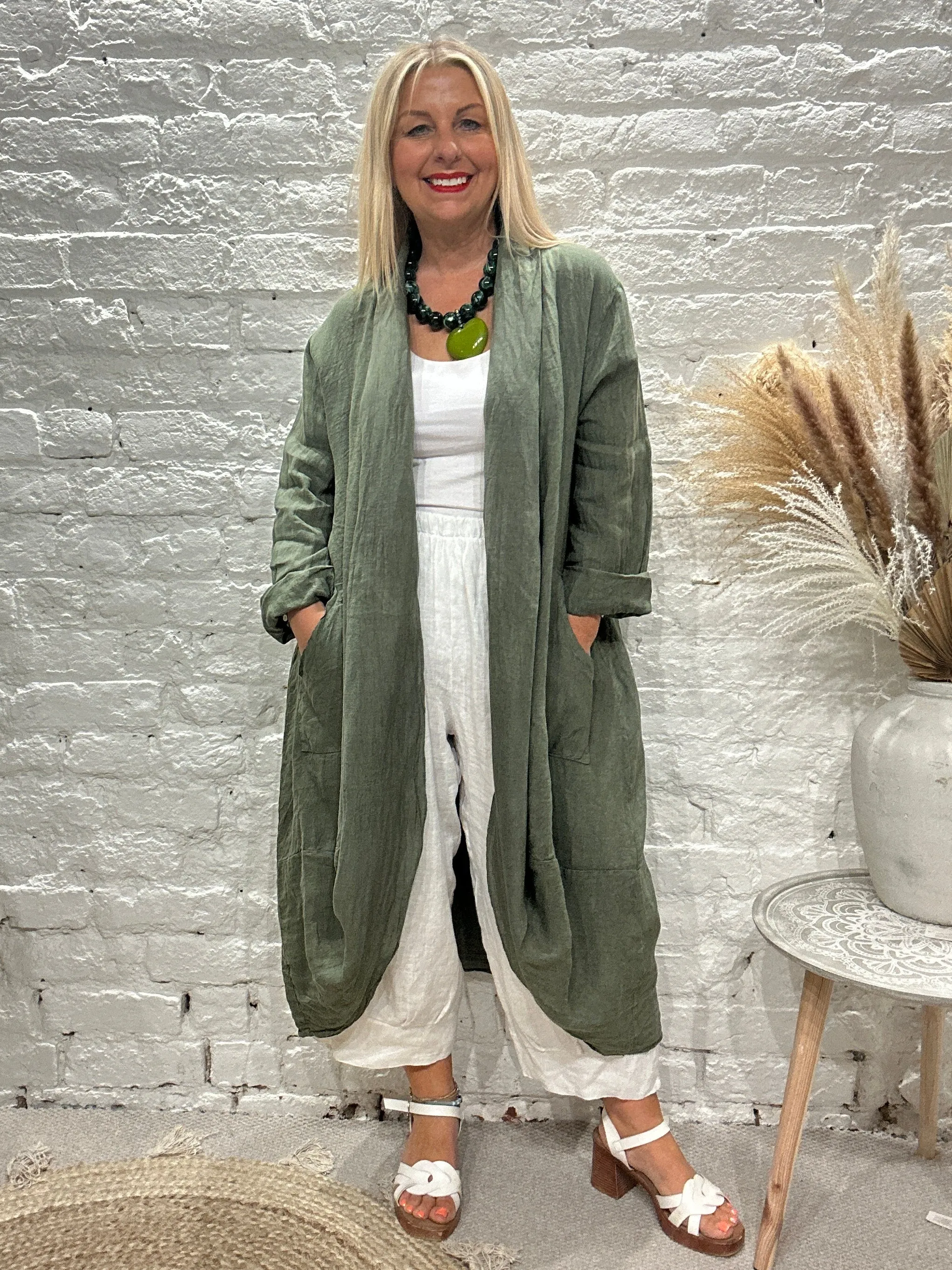 Eden E21 100% Linen Round Scoop Bottom Long Jacket with Bucket Pockets