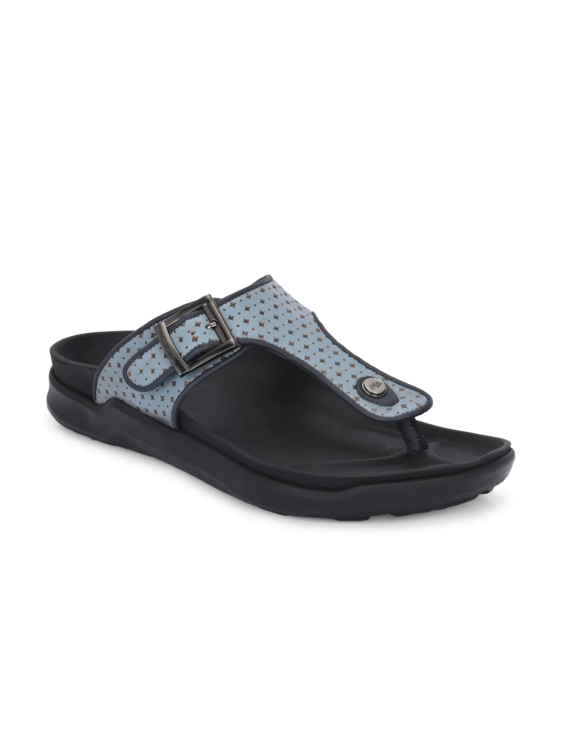 Hitz Men's Blue Leather Casual Daily Wear Buckle Slipper