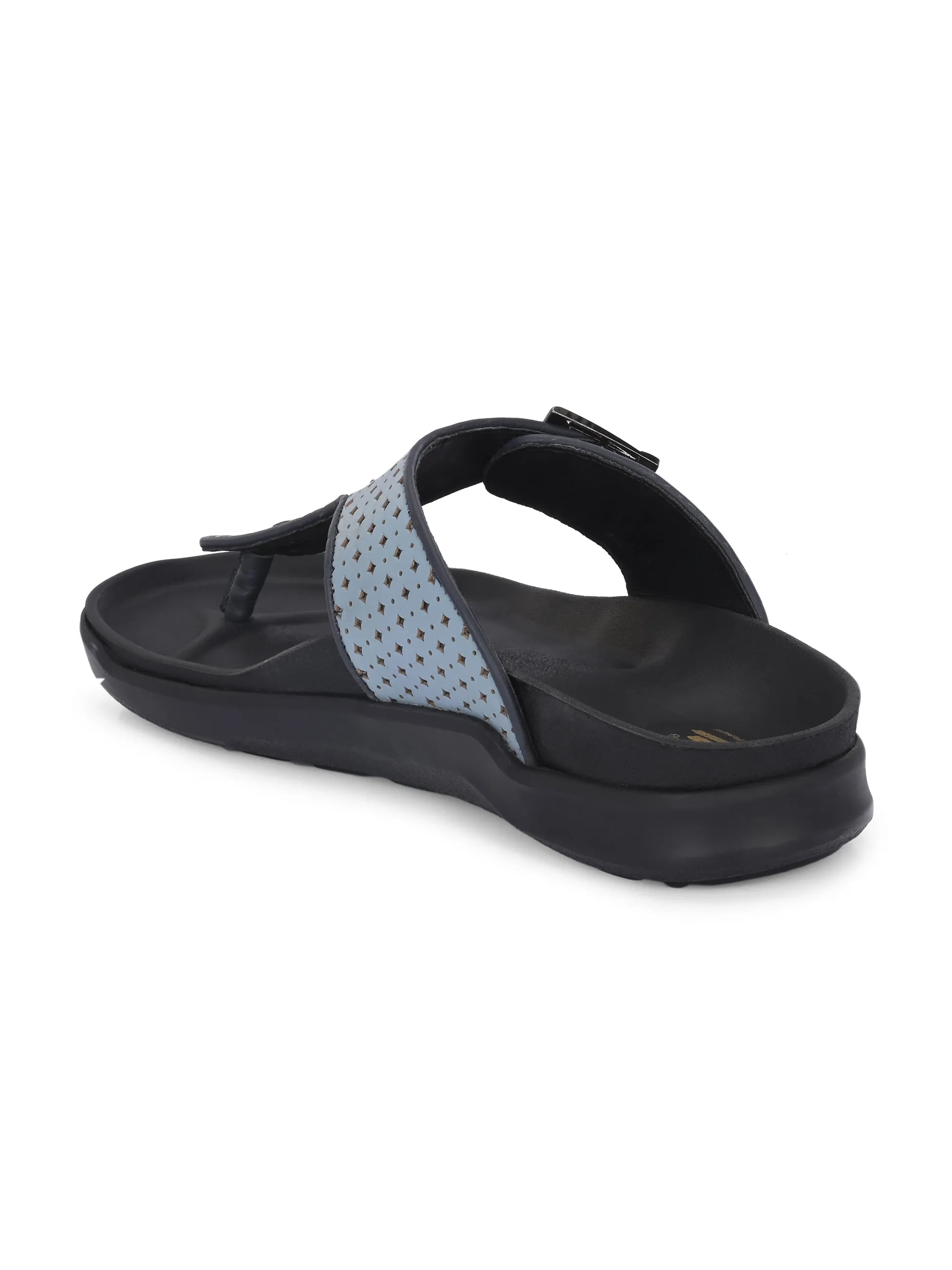 Hitz Men's Blue Leather Casual Daily Wear Buckle Slipper