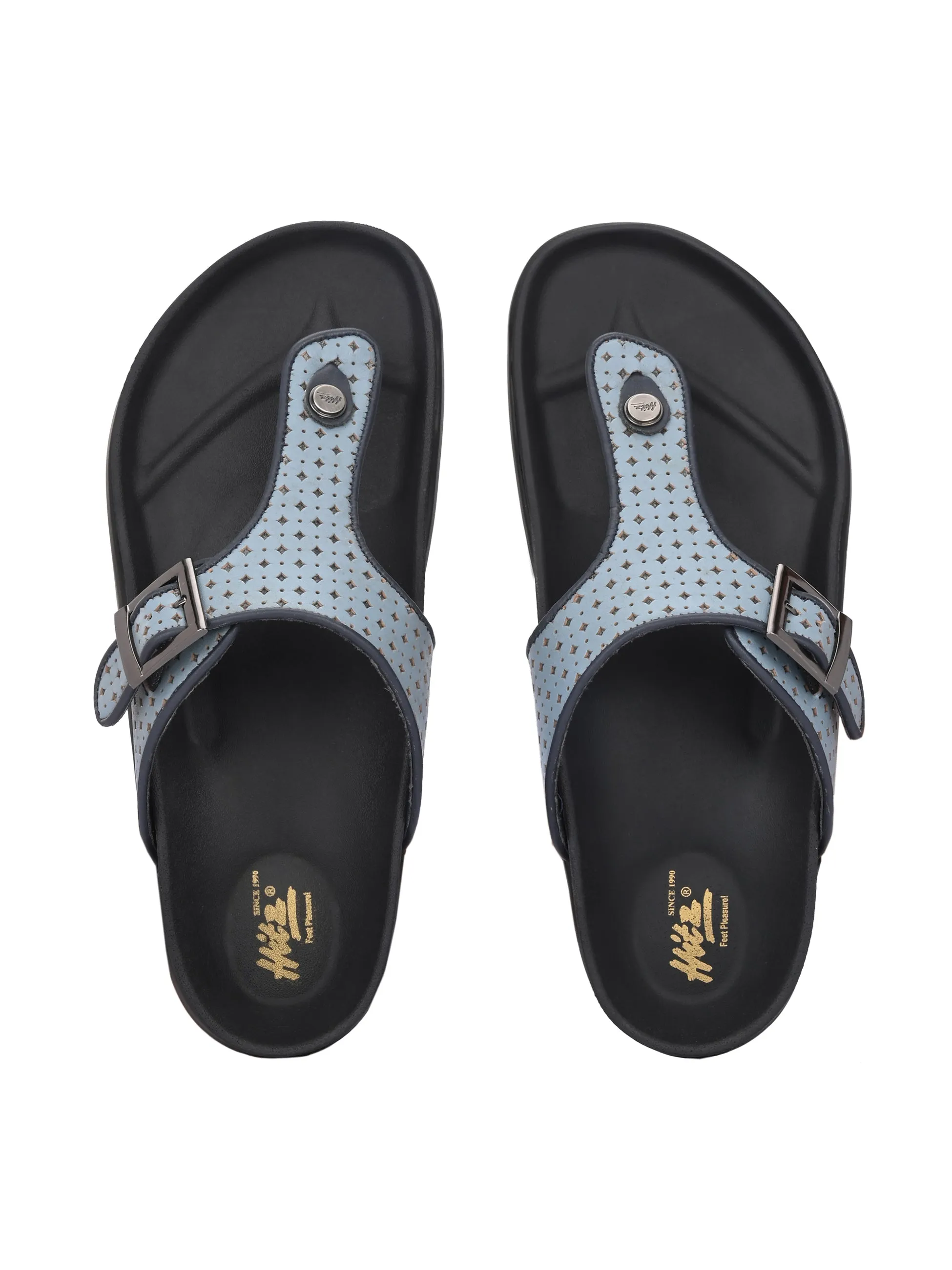 Hitz Men's Blue Leather Casual Daily Wear Buckle Slipper