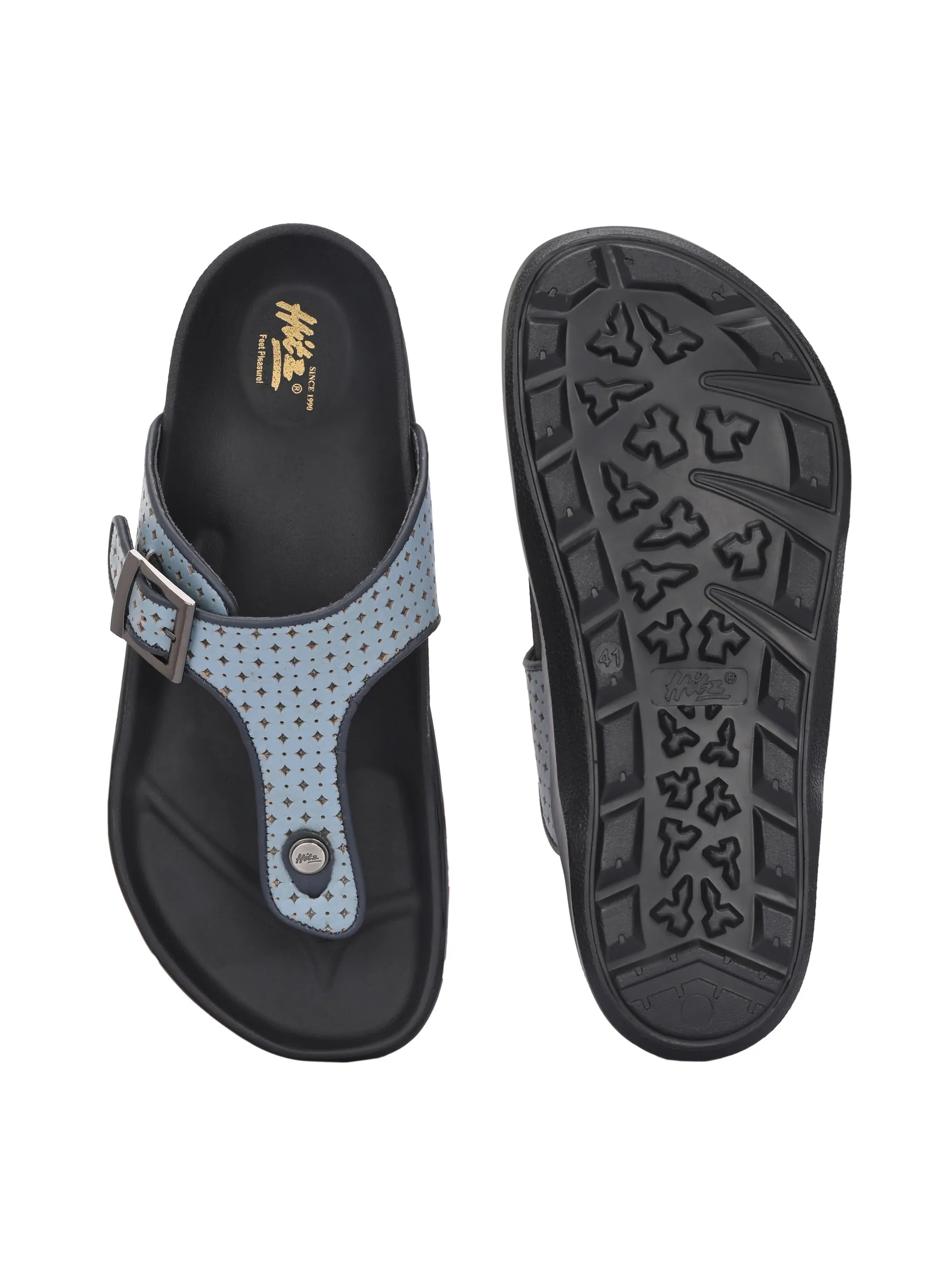 Hitz Men's Blue Leather Casual Daily Wear Buckle Slipper