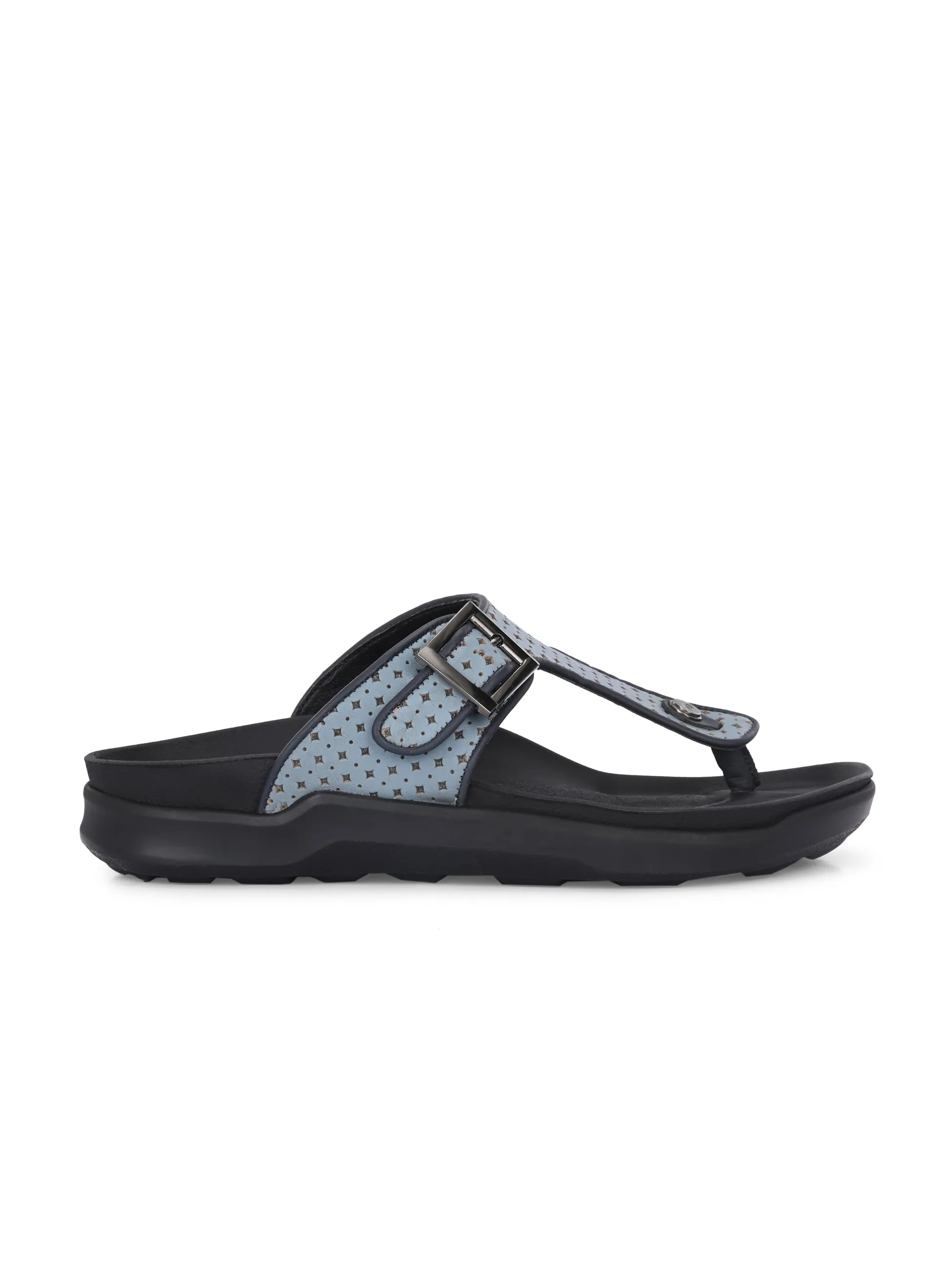 Hitz Men's Blue Leather Casual Daily Wear Buckle Slipper