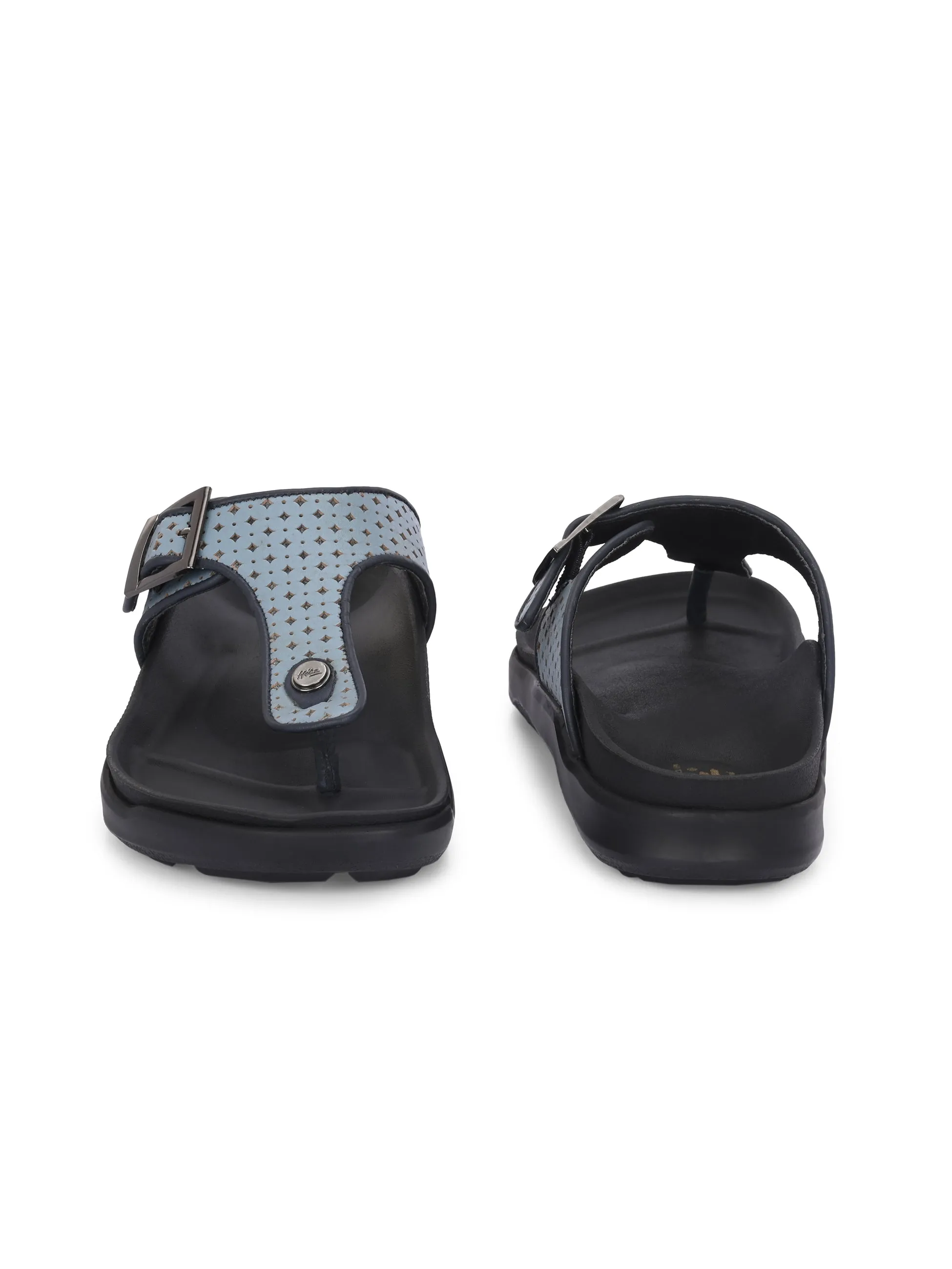 Hitz Men's Blue Leather Casual Daily Wear Buckle Slipper