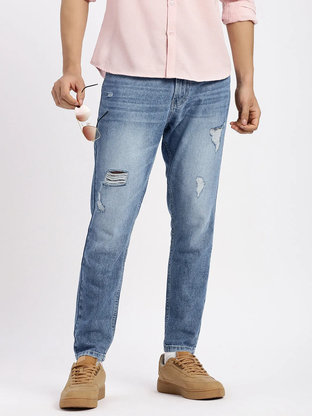 Men Blue Comfort Low-Rise Mildly Distressed Heavy Fade Acid Wash Jeans