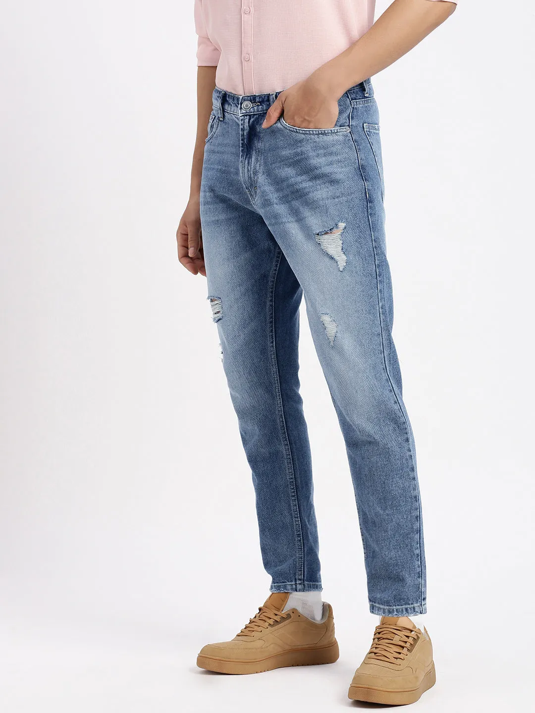 Men Blue Comfort Low-Rise Mildly Distressed Heavy Fade Acid Wash Jeans