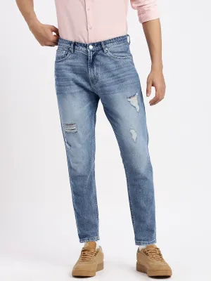 Men Blue Comfort Low-Rise Mildly Distressed Heavy Fade Acid Wash Jeans