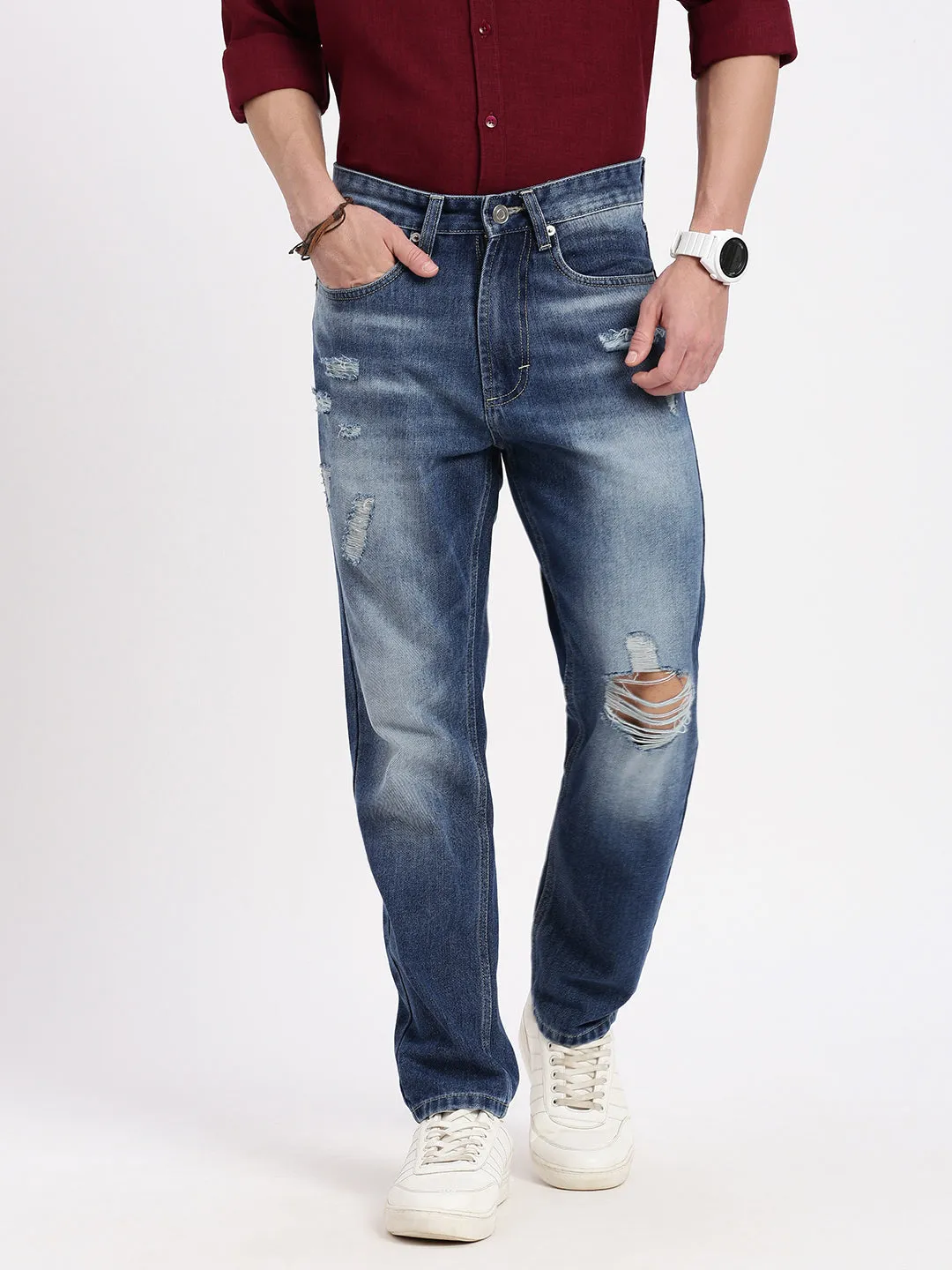 Men Blue Comfort Low-Rise Slash Knee Heavy Fade Acid Wash Jeans