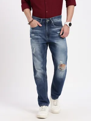 Men Blue Comfort Low-Rise Slash Knee Heavy Fade Acid Wash Jeans