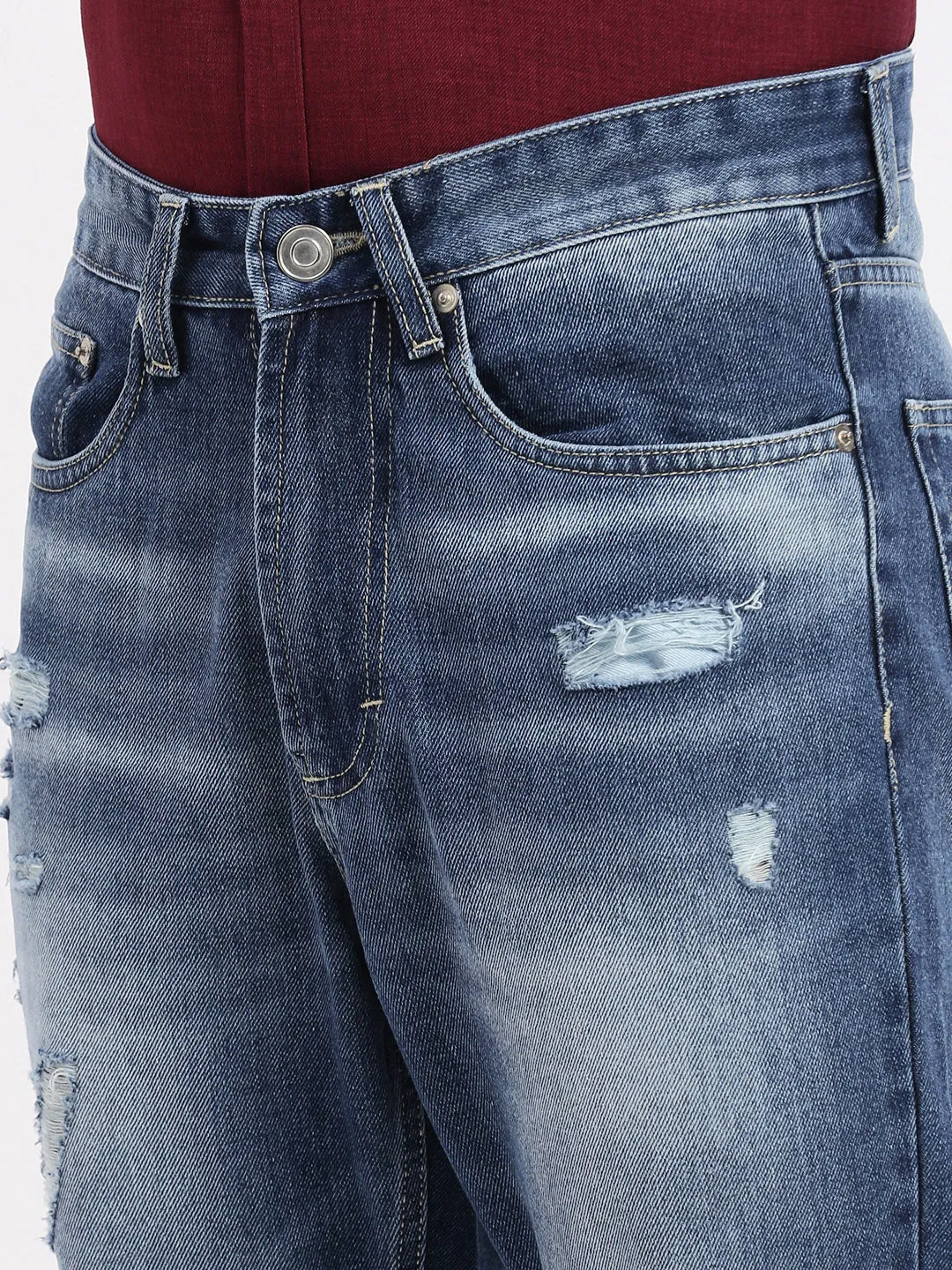 Men Blue Comfort Low-Rise Slash Knee Heavy Fade Acid Wash Jeans