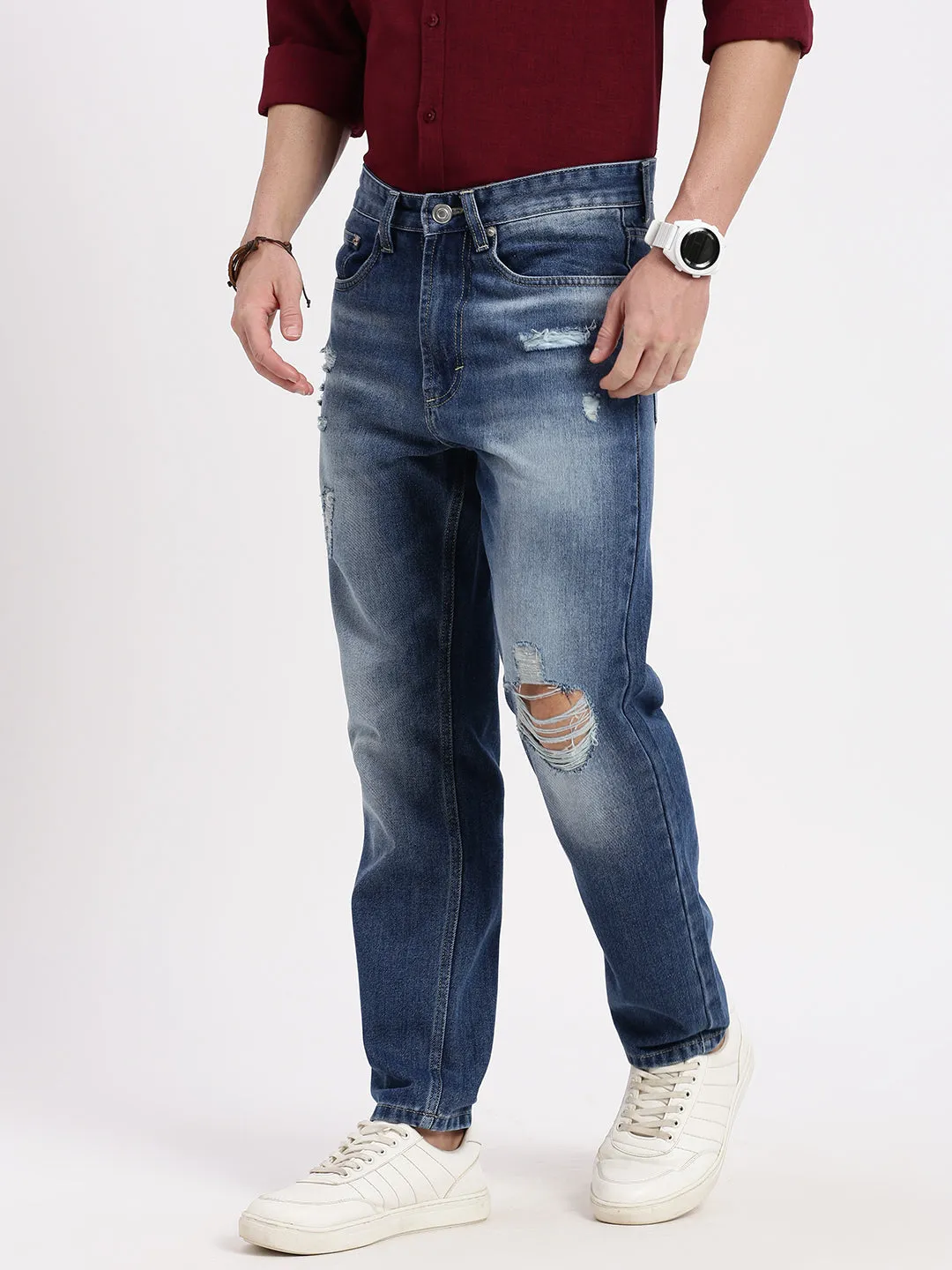 Men Blue Comfort Low-Rise Slash Knee Heavy Fade Acid Wash Jeans