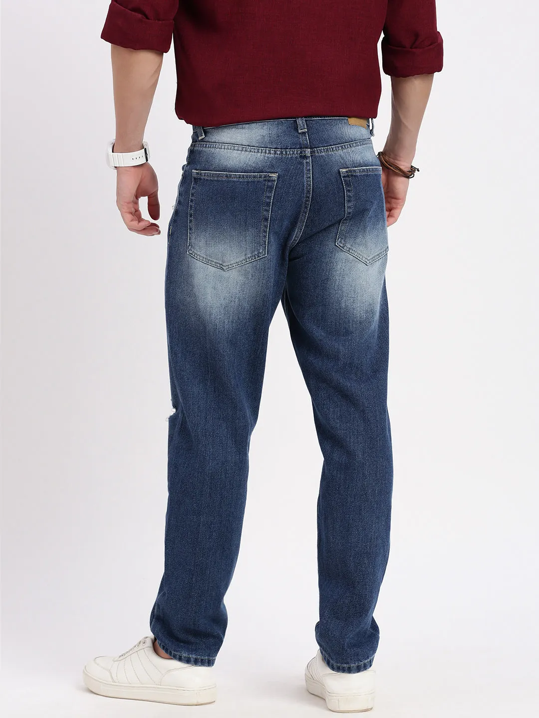 Men Blue Comfort Low-Rise Slash Knee Heavy Fade Acid Wash Jeans