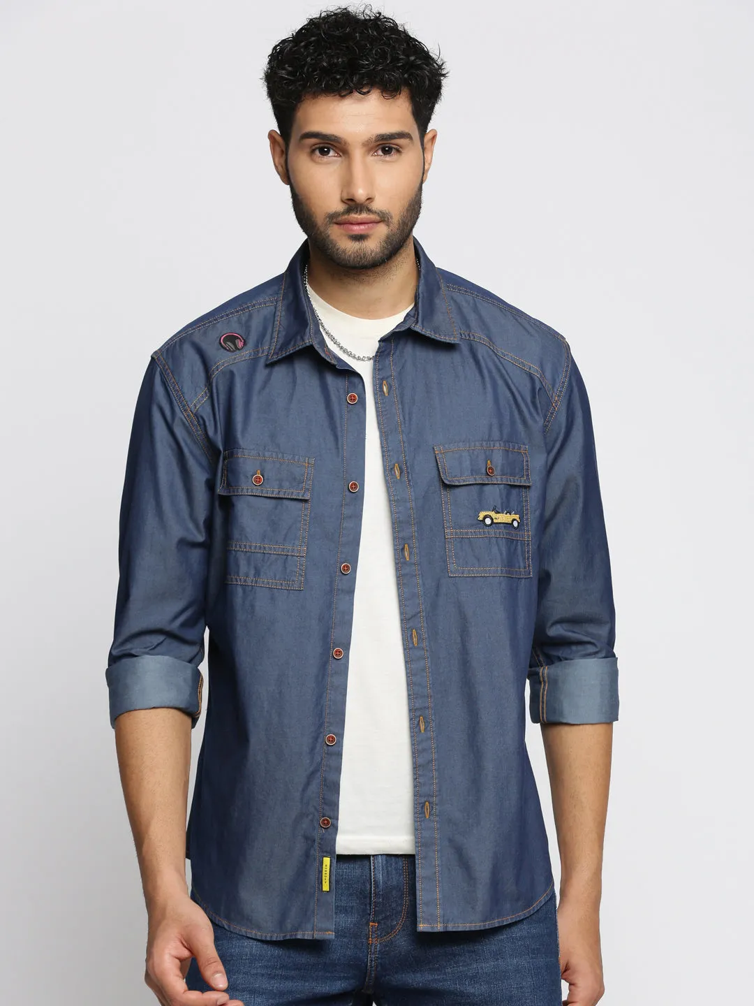 Men Navy Blue Comfort Spread Collar Solid Denim Oversized Casual Shirt