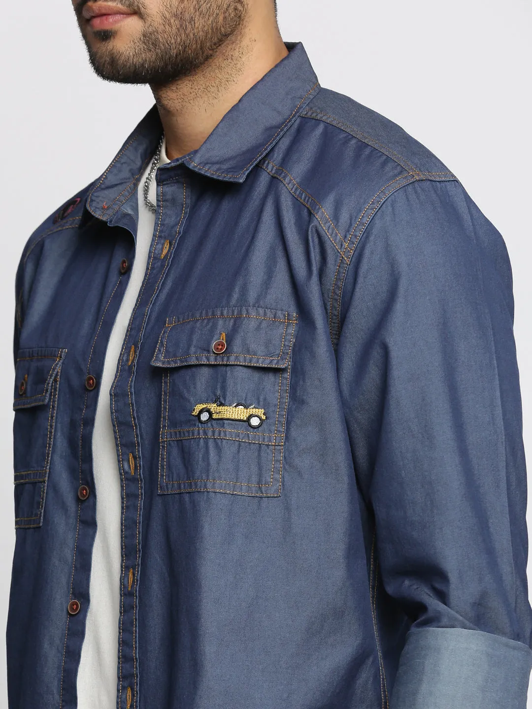 Men Navy Blue Comfort Spread Collar Solid Denim Oversized Casual Shirt