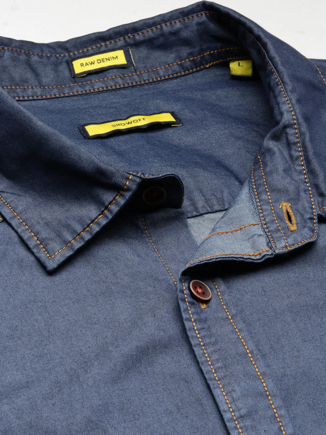 Men Navy Blue Comfort Spread Collar Solid Denim Oversized Casual Shirt