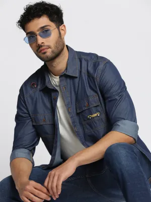Men Navy Blue Comfort Spread Collar Solid Denim Oversized Casual Shirt