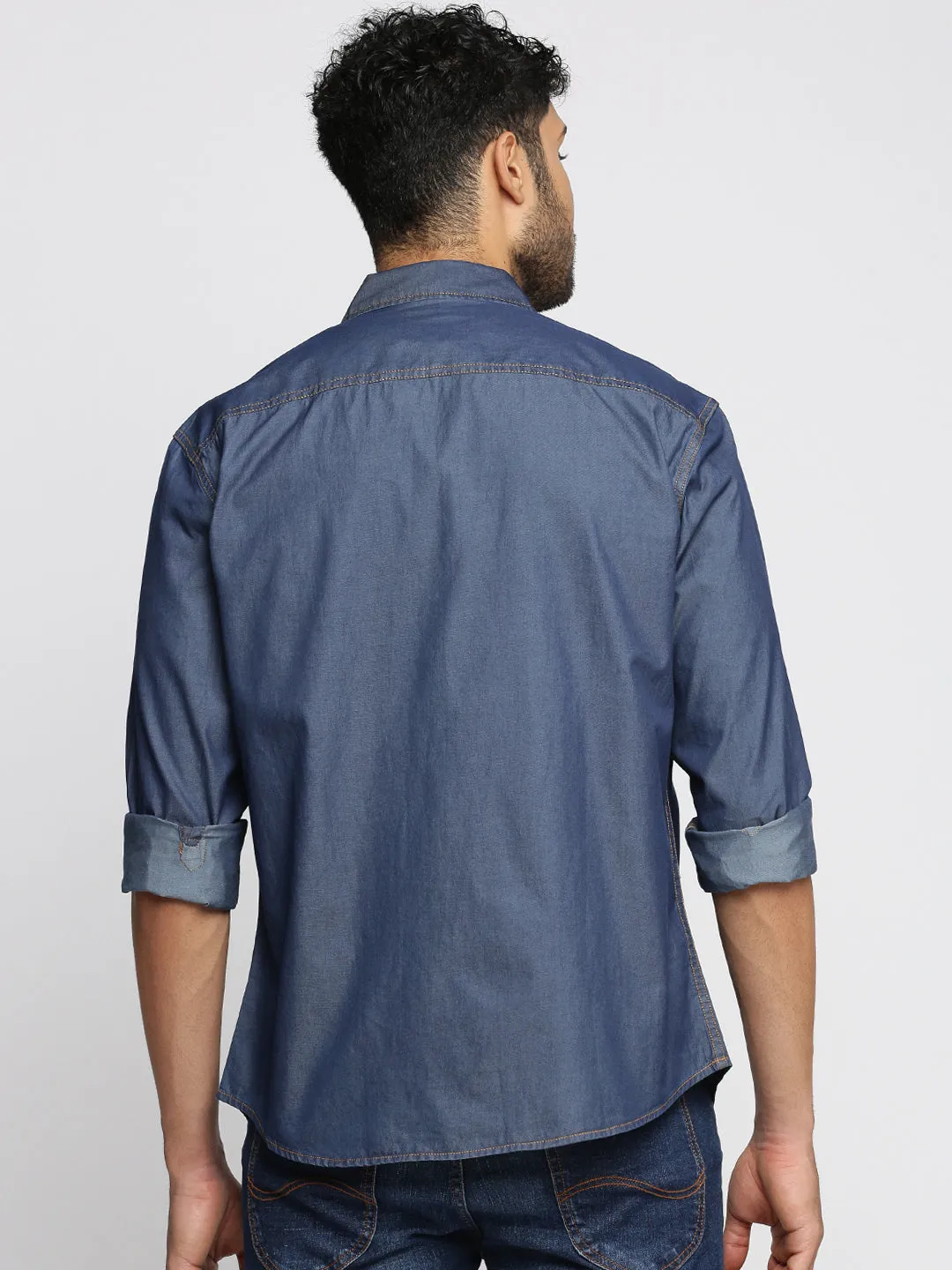Men Navy Blue Comfort Spread Collar Solid Denim Oversized Casual Shirt