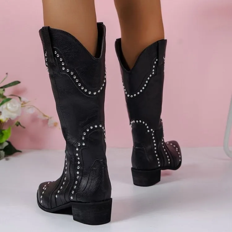 Over-the-Knee American Vintage Riveted Bootcut Jeans Boots