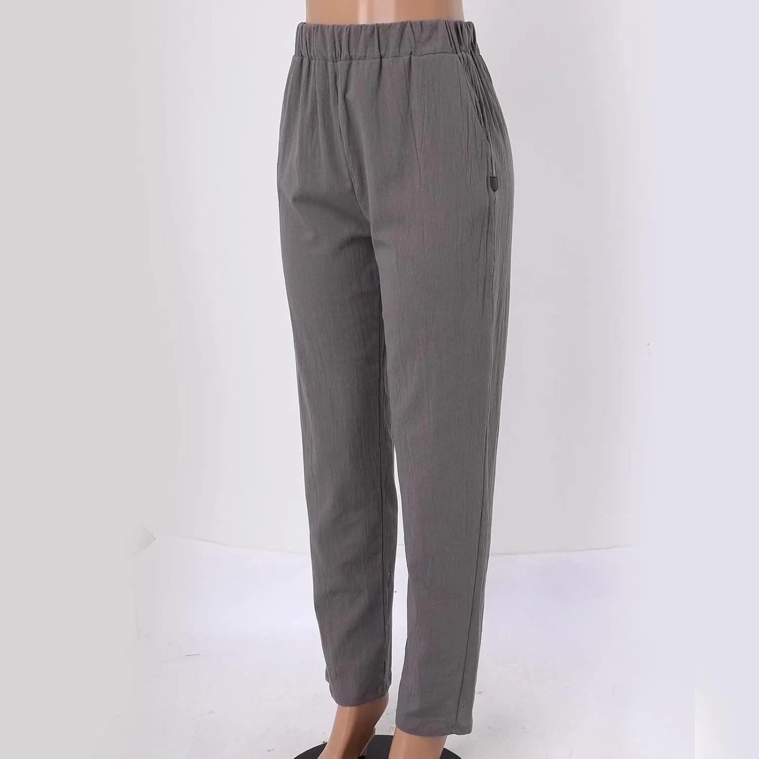 Striped Linen Pants Women Summer Crop Causal Pants Button Side Elastic Waist Straight Leg Pants with Pockets Beach Trousers