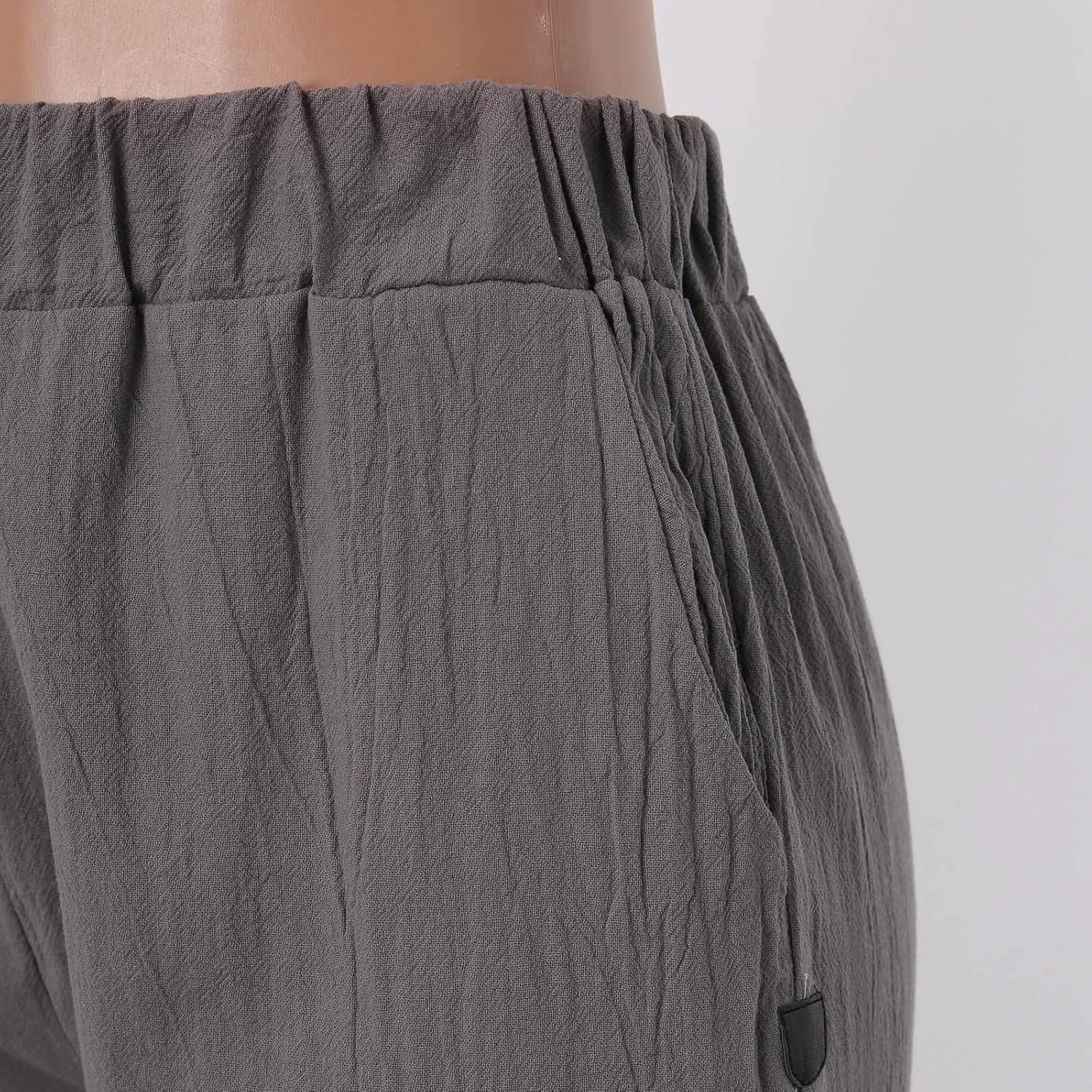 Striped Linen Pants Women Summer Crop Causal Pants Button Side Elastic Waist Straight Leg Pants with Pockets Beach Trousers