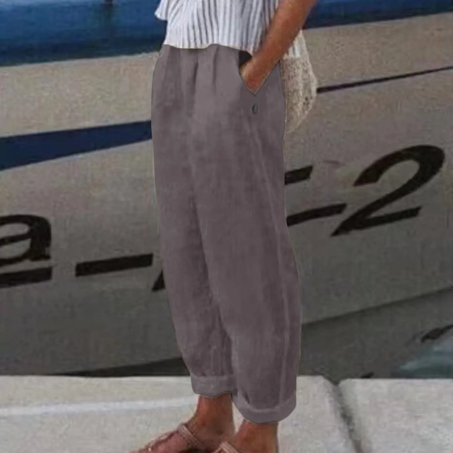 Striped Linen Pants Women Summer Crop Causal Pants Button Side Elastic Waist Straight Leg Pants with Pockets Beach Trousers