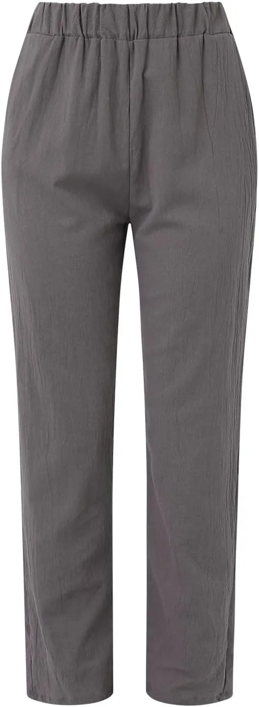 Striped Linen Pants Women Summer Crop Causal Pants Button Side Elastic Waist Straight Leg Pants with Pockets Beach Trousers