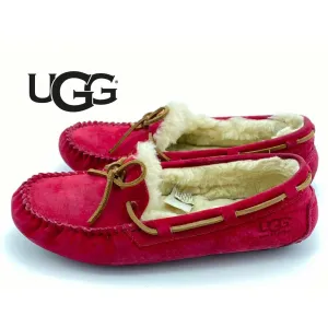 UGG Dakota Denim Red Fur Slippers Women's Size 6