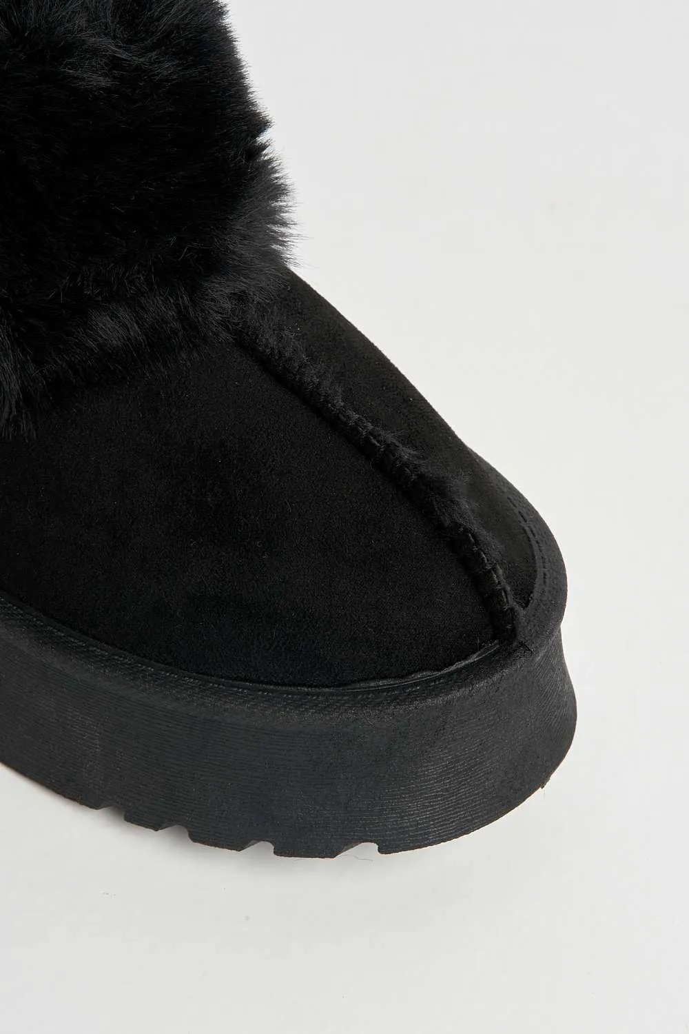 Ursella Faux Fur Lining Flatform Slippers in Black