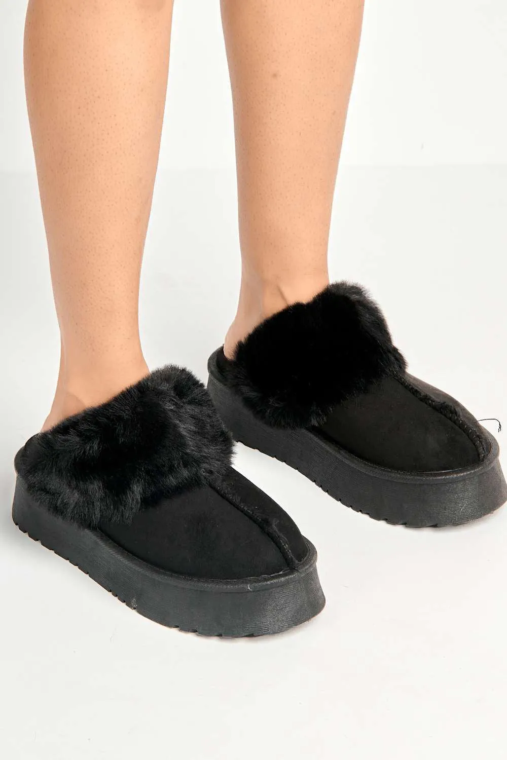 Ursella Faux Fur Lining Flatform Slippers in Black