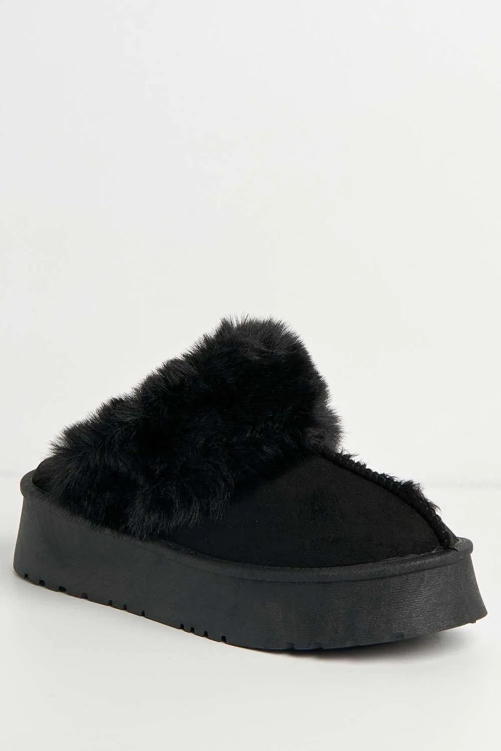 Ursella Faux Fur Lining Flatform Slippers in Black