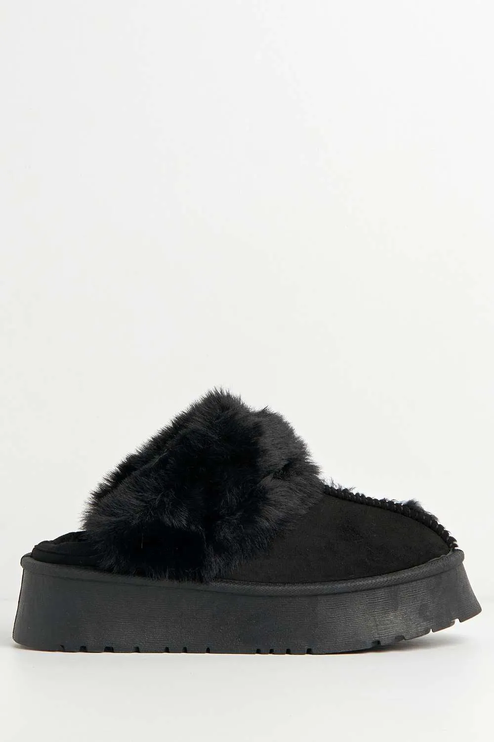 Ursella Faux Fur Lining Flatform Slippers in Black