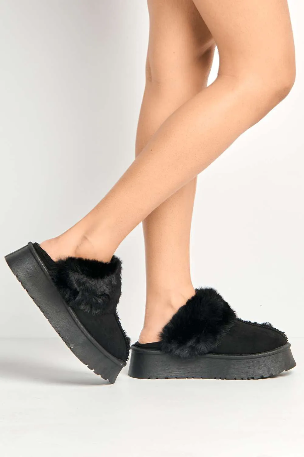 Ursella Faux Fur Lining Flatform Slippers in Black