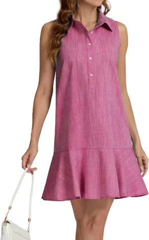 Womens Sleeveless Shirt Dress Ruffle Hem Cotton Tunic Tank Dress Button Up Swing Shift Mini Dresses